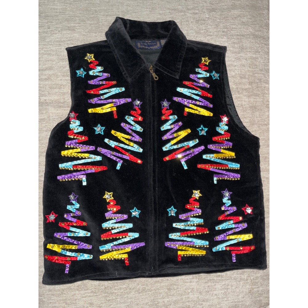 Life Style Vintage Christmas Tree Velvet Vest Black Sequin Ribbon Zip Up Large